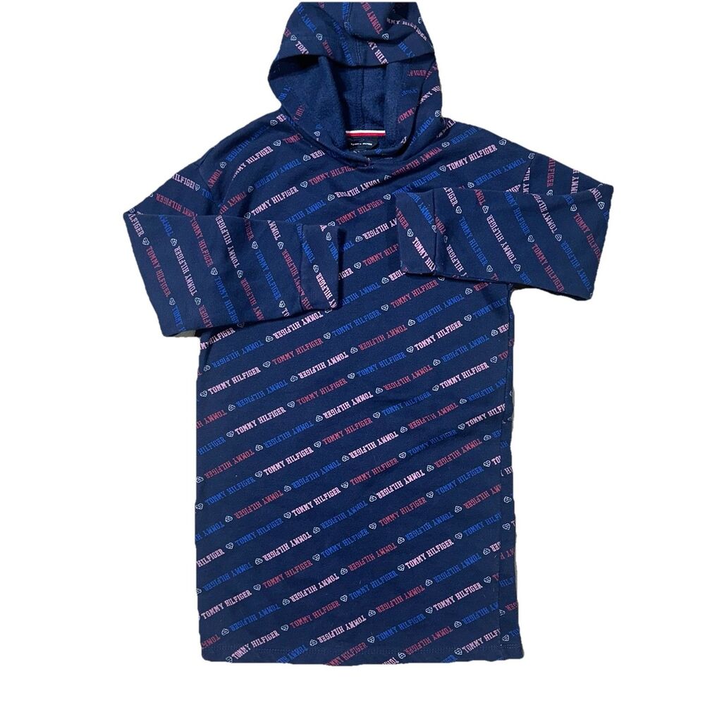 Tommy Hilfiger All Over Print Hooded Sweatshirt Dress Girls Size M 8/ 10 Blue